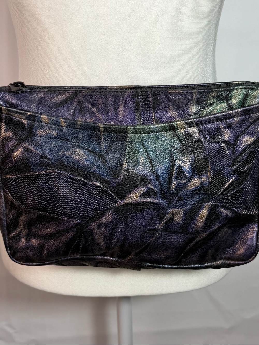 Vintage 80s Metallic Patchwork Leather Crossbody Bag Iridescent Exotic Texture